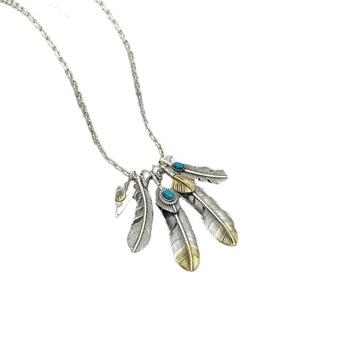 Real Solid 925 Sterling Silver Turquoise Necklace Pendant Feather Leaf Tassel Eagle Punk Hip Hop Jewelry 22"-30"