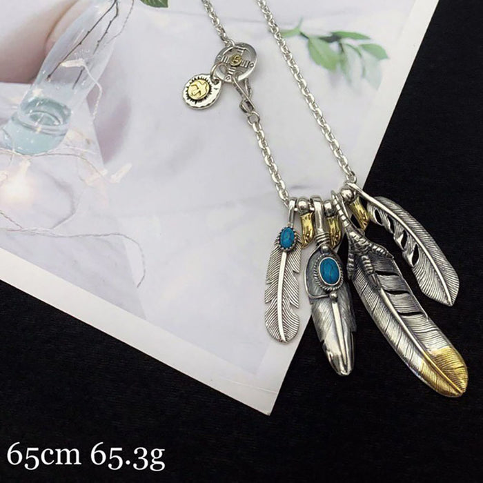 Real Solid 925 Sterling Silver Turquoise Necklace Pendant Feather Tassel Eagle Punk Hip Hop Jewelry 22"-30"