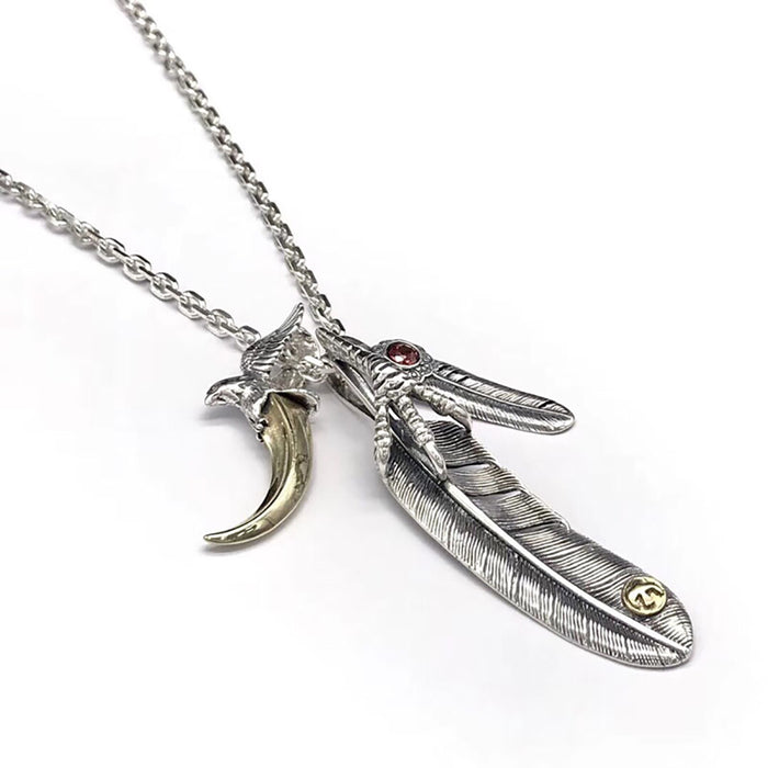 Real Solid 925 Sterling Silver Necklace Pendant Feather Eagle Claw Cross Punk Hip Hop Jewelry 22"-30"
