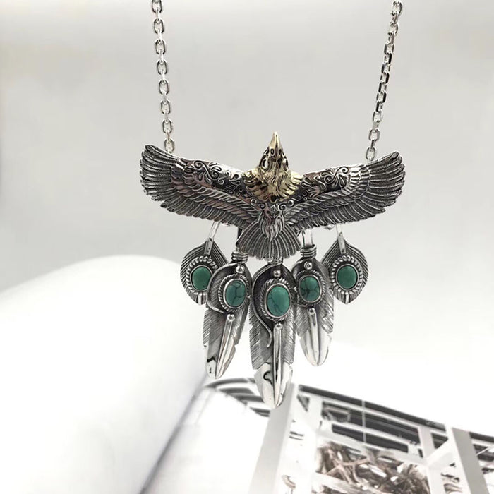 Real Solid 925 Sterling Silver Turquoise Necklace Pendant Animals Eagle Feather Punk Hip Hop Jewelry 22"-30"