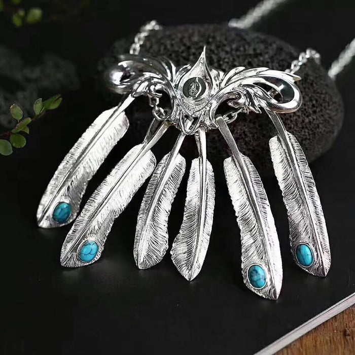 Real Solid 925 Sterling Silver Turquoise Necklace Pendant Feather Tassel Punk Hip Hop Jewelry 22"-30"