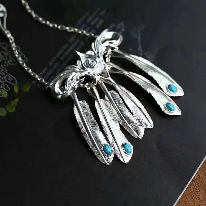 Real Solid 925 Sterling Silver Turquoise Necklace Pendant Feather Tassel Punk Hip Hop Jewelry 22"-30"
