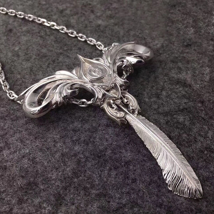 Real Solid 925 Sterling Silver Necklace Pendant Feather Cross Gothic Punk Hip Hop Jewelry 22"-30"