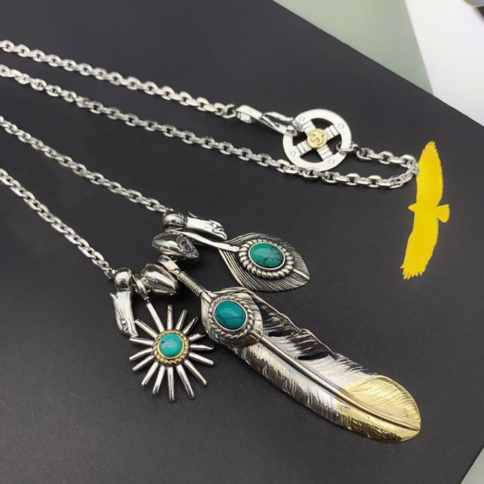 Real Solid 925 Sterling Silver Turquoise Necklace Pendant Eagle Feather Sunflower Punk Hip Hop Jewelry 22"-30"