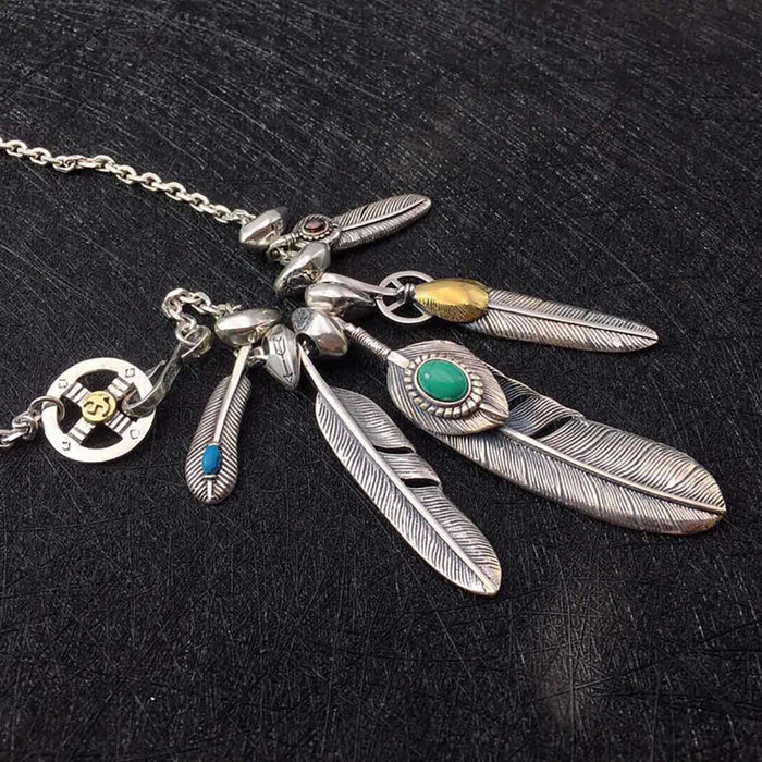 Real Solid 925 Sterling Silver Turquoise Necklace Pendant Eagle Feather Tassel Punk Hip Hop Jewelry 22"-30"