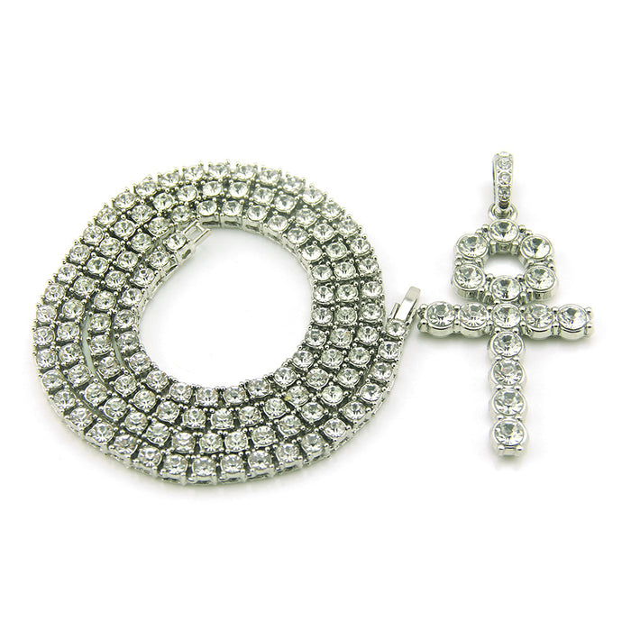 Egyptian Ankh Key Diamond Necklace Pendant Cross Fashion Hip Hop Jewelry 24"