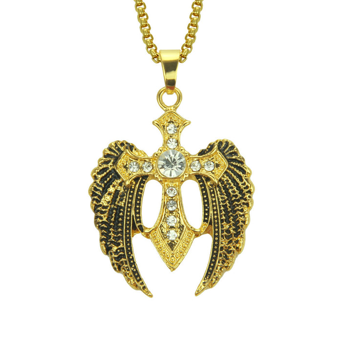 Fashion Hip Hop Diamond Necklace Pendant Punk Jewelry Cross Angel Wings 30"