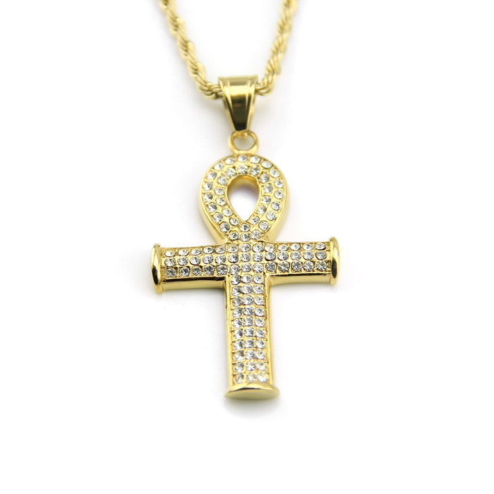 Egyptian Ankh Key Diamond Necklace Pendant Cross Fashion Hip Hop Jewelry Twist Chain 24"
