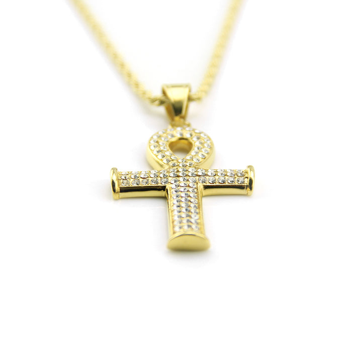 Egyptian Ankh Key Diamond Necklace Pendant Cross Fashion Hip Hop Jewelry Twist Chain 24"