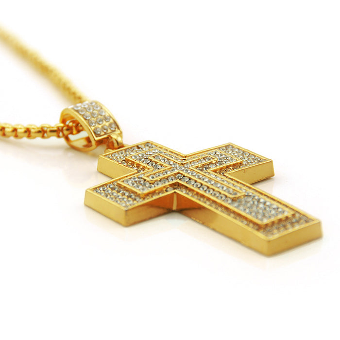 Fashion Hip Hop Diamond Necklace Pendant Jewelry Cross Yellow Gold Plated 30"