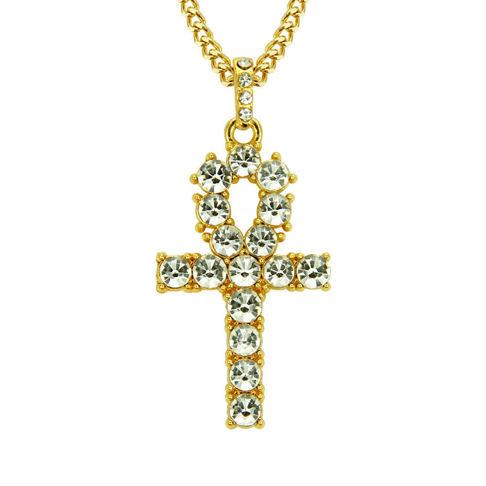Egyptian Ankh Key Diamond Necklace Pendant Cross Fashion Hip Hop Jewelry Miami Cuban Chain 30"
