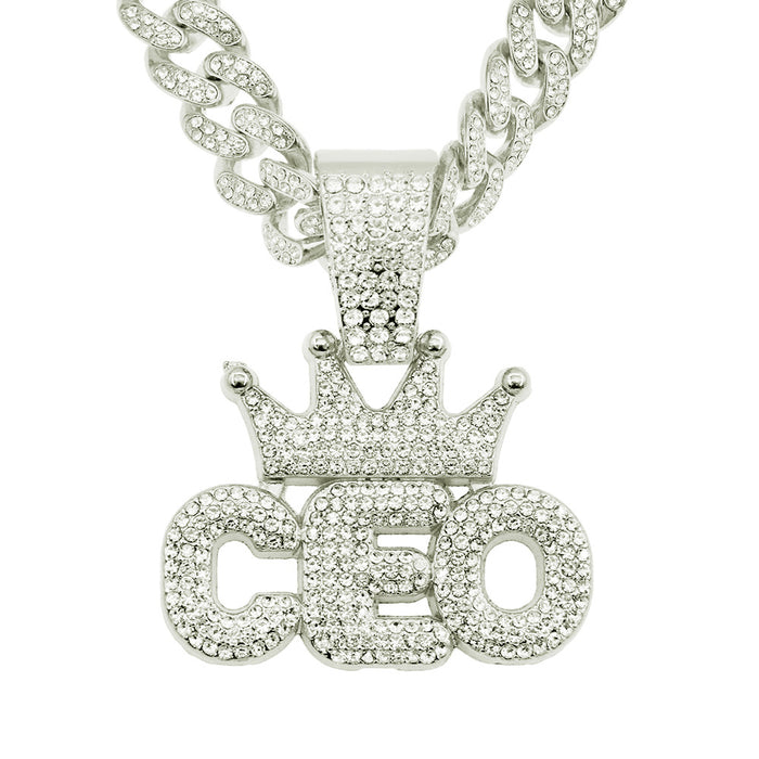 Fashion Hip Hop Diamond Necklace Pendant Punk Jewelry Letters CEO Crown Miami Cuban Chain 20"