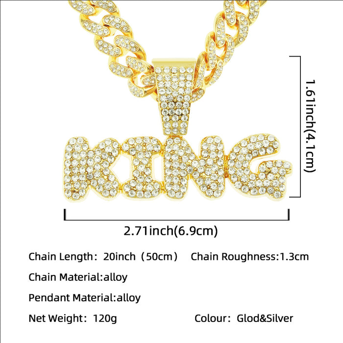 Fashion Hip Hop Diamond Necklace Pendant Punk Jewelry Letters KING Miami Cuban Chain 20"