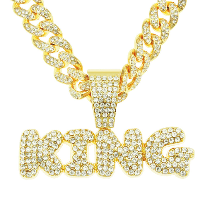 Fashion Hip Hop Diamond Necklace Pendant Punk Jewelry Letters KING Miami Cuban Chain 20"