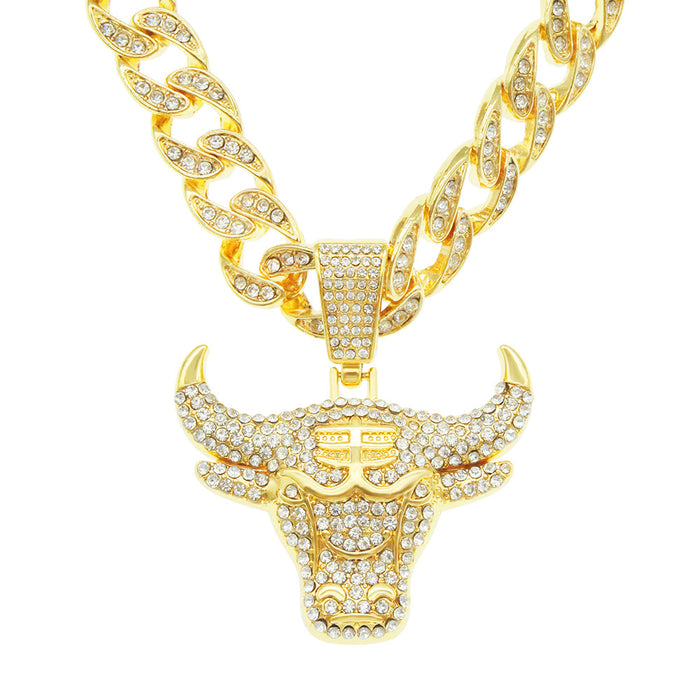Fashion Hip Hop Diamond Necklace Pendant Punk Jewelry Animals Bull Miami Cuban Chain 20"