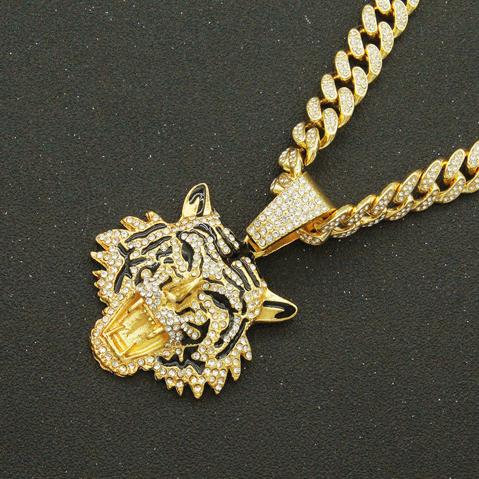 Fashion Hip Hop Diamond Necklace Pendant Punk Jewelry Animals Tiger Miami Cuban Chain 20"