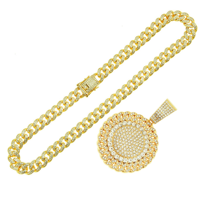 Fashion Hip Hop Diamond Necklace Pendant Sunflowers Sun Round Punk Jewelry Miami Cuban Chain 20"