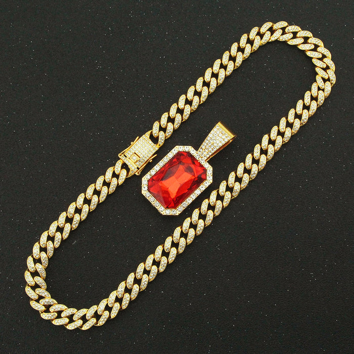 Fashion Hip Hop Diamond Necklace Pendant Ruby Punk Jewelry Miami Cuban Chain 20"