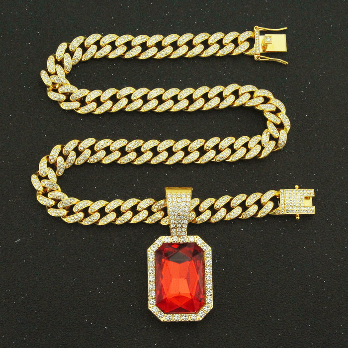 Fashion Hip Hop Diamond Necklace Pendant Ruby Punk Jewelry Miami Cuban Chain 20"