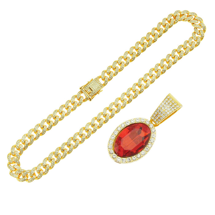 Fashion Hip Hop Diamond Necklace Pendant Oval Ruby Punk Jewelry Miami Cuban Chain 20"