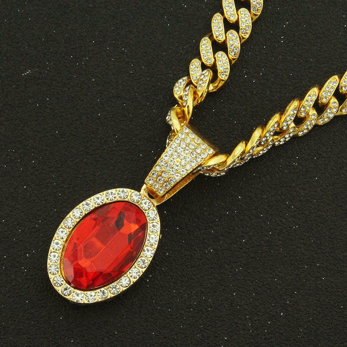 Fashion Hip Hop Diamond Necklace Pendant Oval Ruby Punk Jewelry Miami Cuban Chain 20"