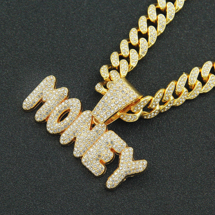 Fashion Hip Hop Diamond Necklace Pendant Punk Jewelry Letters MONEY Miami Cuban Chain 20"