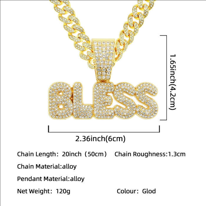 Fashion Hip Hop Diamond Necklace Pendant Punk Jewelry Letters BLESS Miami Cuban Chain 20"