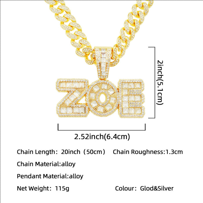 Fashion Hip Hop Diamond Necklace Pendant Punk Jewelry Letters ZOE Miami Cuban Chain 20"