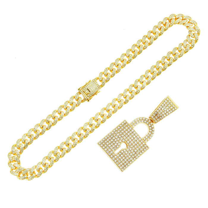 Fashion Hip Hop Diamond Necklace Pendant Punk Jewelry Lock Miami Cuban Chain 20"