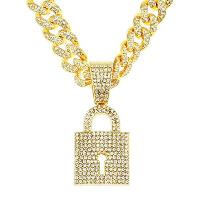 Fashion Hip Hop Diamond Necklace Pendant Punk Jewelry Lock Miami Cuban Chain 20"