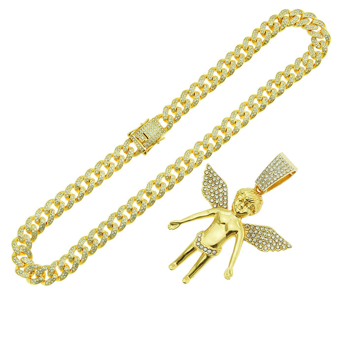 Fashion Hip Hop Diamond Necklace Pendant Punk Jewelry Angels Angel Wings Miami Cuban Chain 20"