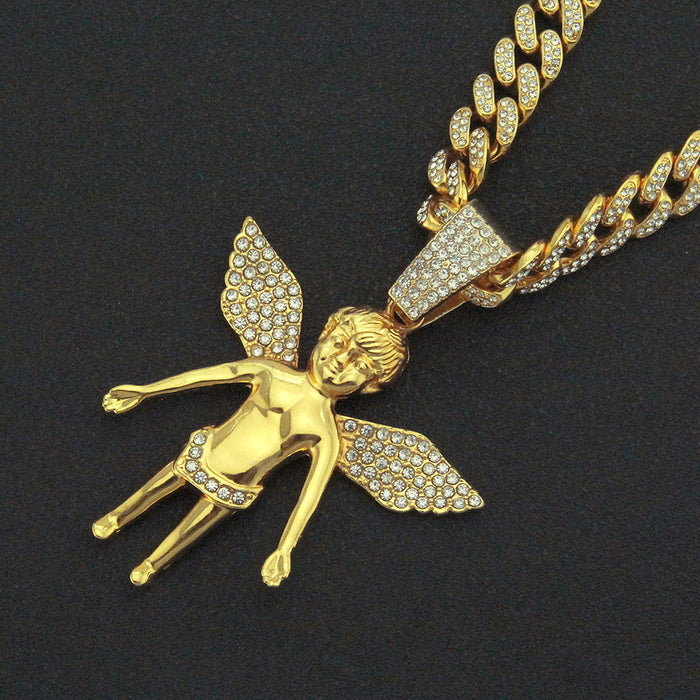 Fashion Hip Hop Diamond Necklace Pendant Punk Jewelry Angels Angel Wings Miami Cuban Chain 20"