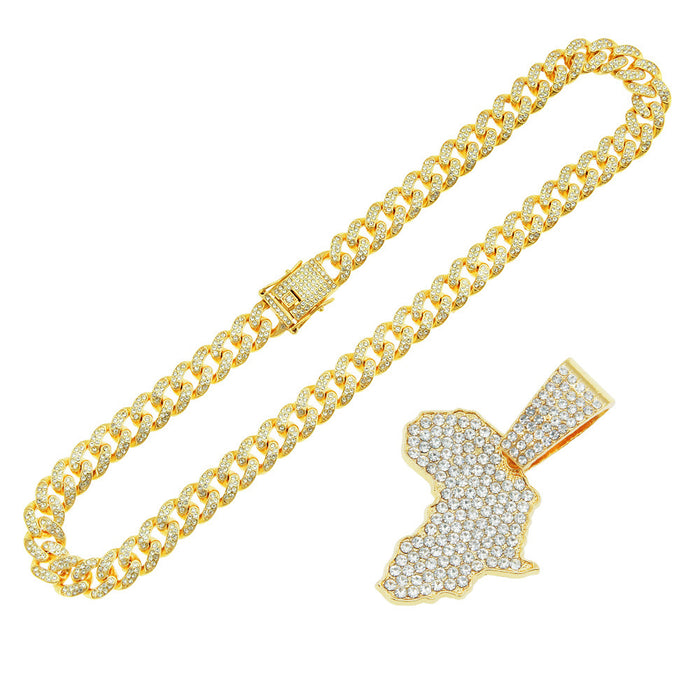 Fashion Hip Hop Diamond Necklace Pendant Map Punk Jewelry Miami Cuban Chain 20"