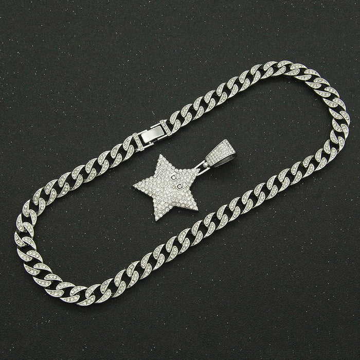 Fashion Hip Hop Diamond Necklace Pendant Star Pentagram Jewelry Miami Cuban Chain 20"