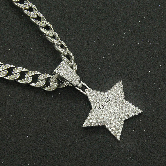 Fashion Hip Hop Diamond Necklace Pendant Star Pentagram Jewelry Miami Cuban Chain 20"