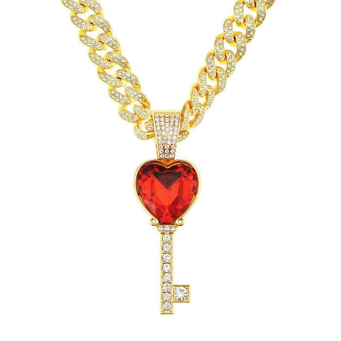 Fashion Hip Hop Diamond Necklace Pendant Ruby Heart Key Jewelry Miami Cuban Chain 20"