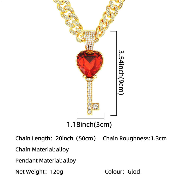 Fashion Hip Hop Diamond Necklace Pendant Ruby Heart Key Jewelry Miami Cuban Chain 20"