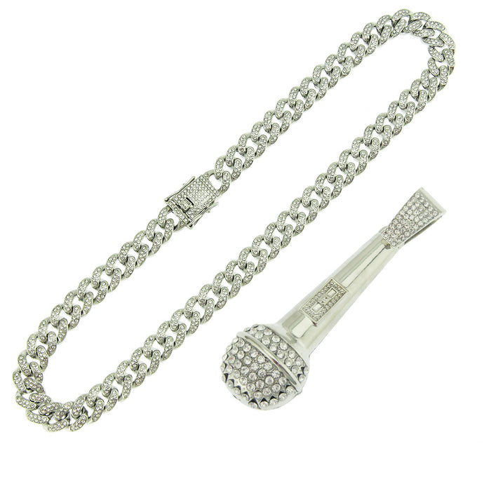 Fashion Hip Hop Diamond Necklace Pendant Microphone Punk Jewelry Miami Cuban Chain 20"