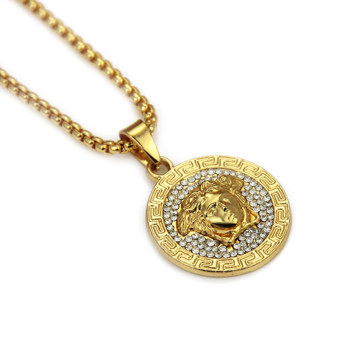 Fashion Hip Hop Diamond Necklace Pendant Man Image Round Punk Jewelry Gold Plated 30"