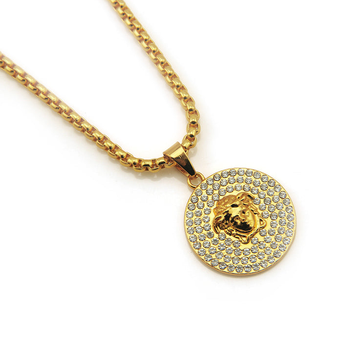 Fashion Hip Hop Diamond Necklace Pendant Man Image Round Punk Jewelry Gold Plated 30"