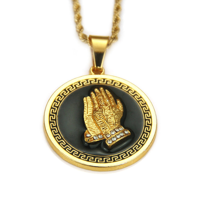 Fashion Hip Hop Diamond Necklace Pendant Praying Hands Lucky Jewelry Twist Chain 24"