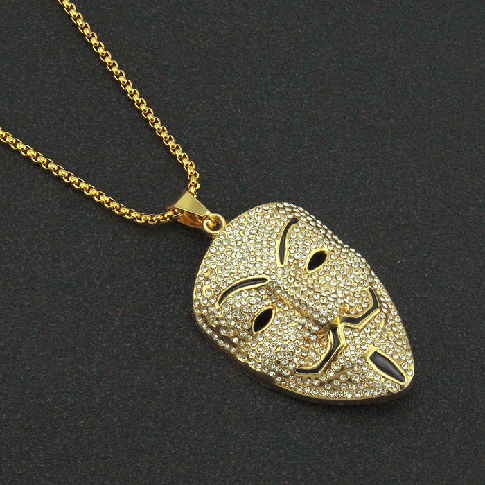 Fashion Hip Hop Diamond Necklace Pendant Mask Punk Jewelry Gold Plated 30"