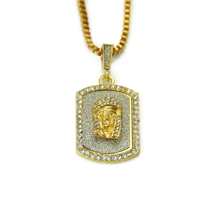 Fashion Hip Hop Diamond Necklace Pendant Man Image Punk Jewelry Dog Tags Gold Plated 28"