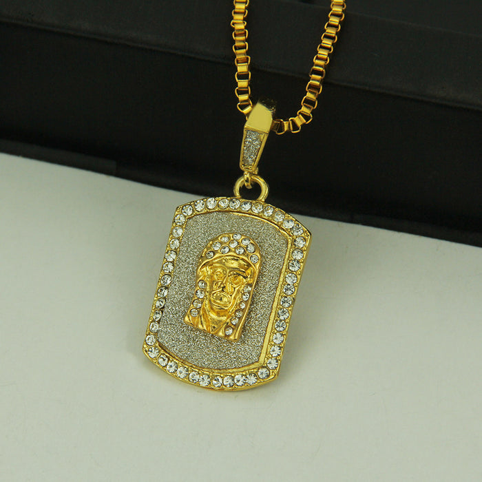 Fashion Hip Hop Diamond Necklace Pendant Man Image Punk Jewelry Dog Tags Gold Plated 28"