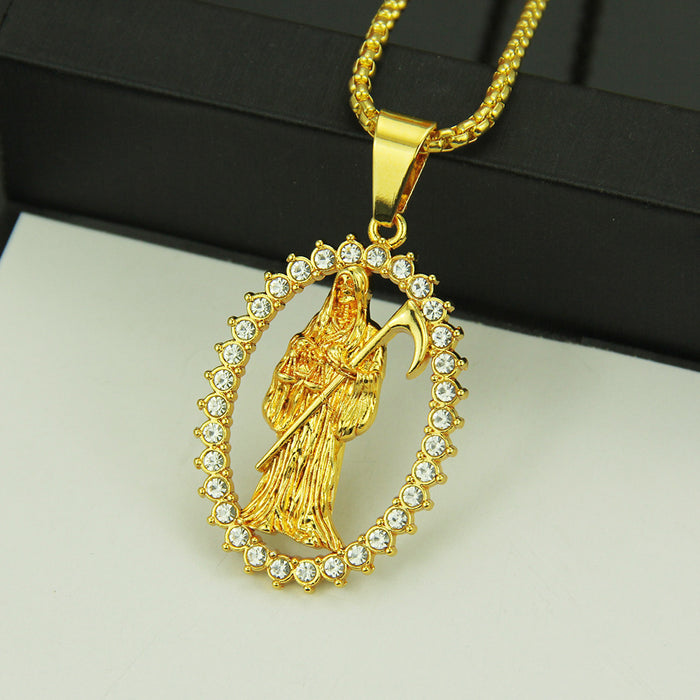 Fashion Hip Hop Diamond Necklace Pendant Death Oval Punk Jewelry Gold Plated 30"