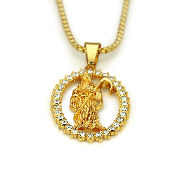 Fashion Hip Hop Diamond Necklace Pendant Death Oval Punk Jewelry Gold Plated 30"