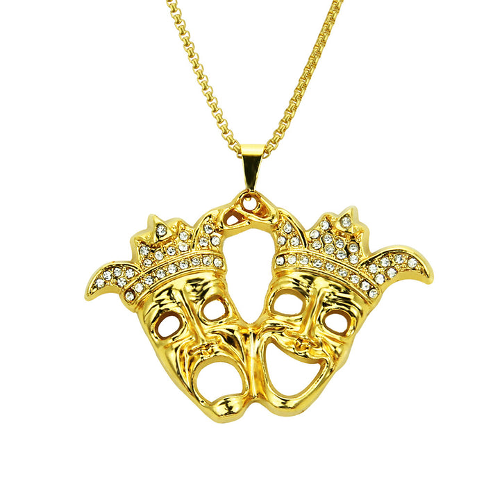 Fashion Hip Hop Diamond Necklace Pendant Clown Punk Jewelry Happy-and-Sad Gold Plated 30"