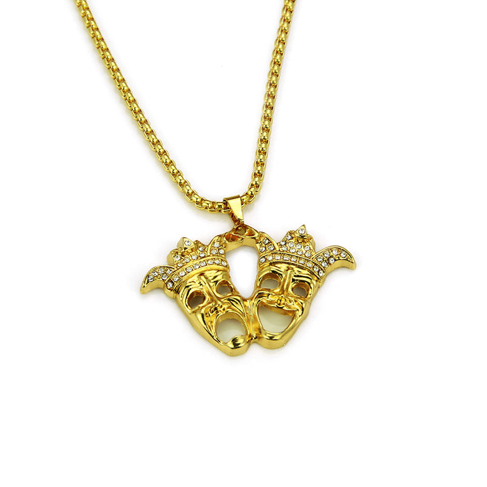 Fashion Hip Hop Diamond Necklace Pendant Clown Punk Jewelry Happy-and-Sad Gold Plated 30"