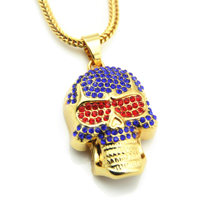 Fashion Hip Hop Diamond Necklace Pendant Skeleton Skull Punk Jewelry Gold Plated 30"