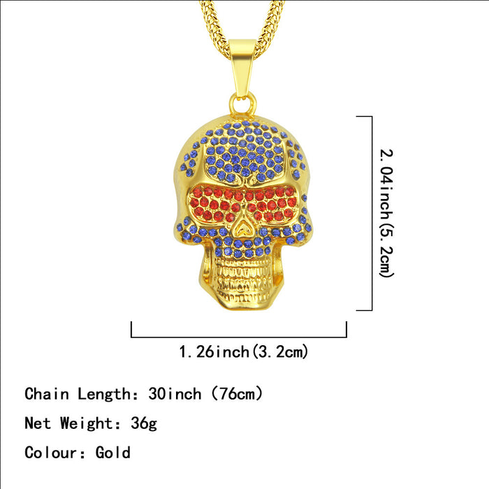 Fashion Hip Hop Diamond Necklace Pendant Skeleton Skull Punk Jewelry Gold Plated 30"